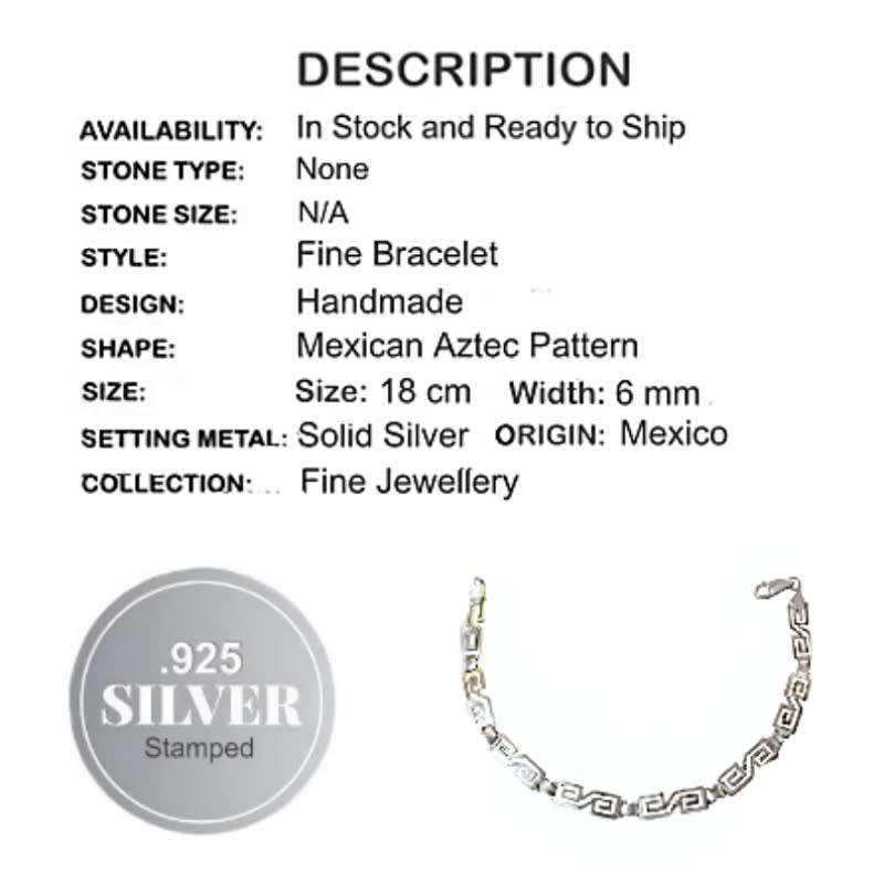 Handmade Mexican Aztec Design set in Solid .925 Silver Bracelet
