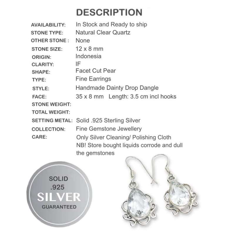 Indonesian Bali Java Natural Clear Quartz set in Solid .925 Sterling Silver Plated Handmade Earrings