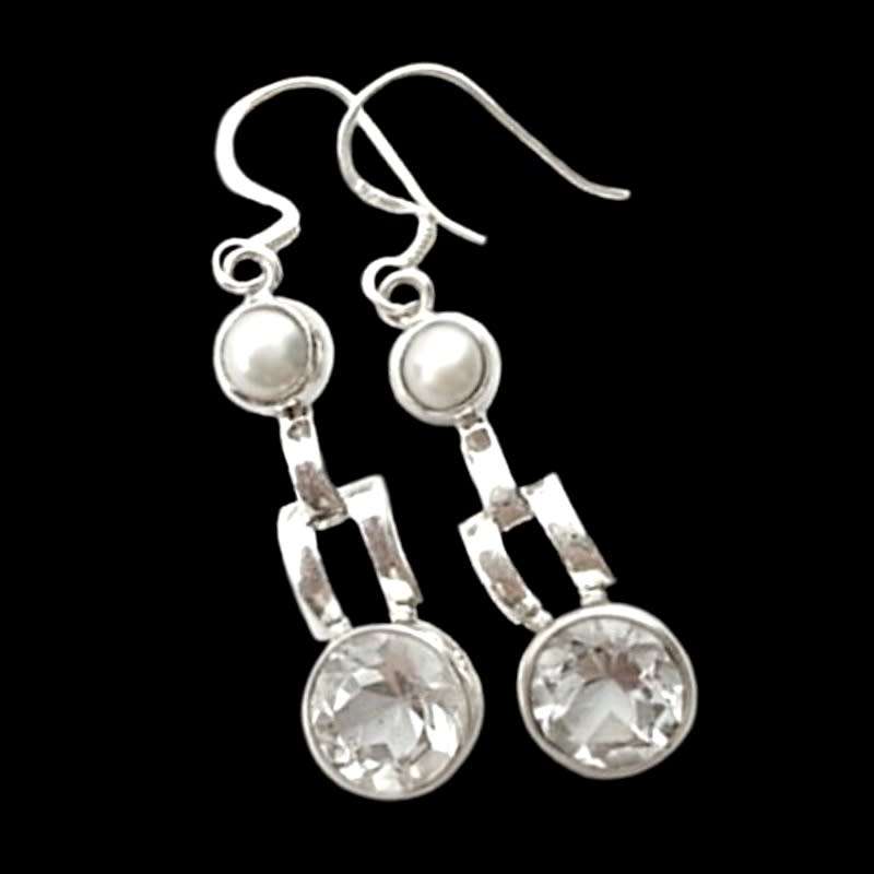 Natural White Topaz and White Pearl  set in Solid 925 Sterling Silver Earrings