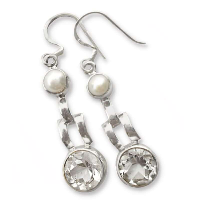 Natural White Topaz and White Pearl  set in Solid 925 Sterling Silver Earrings