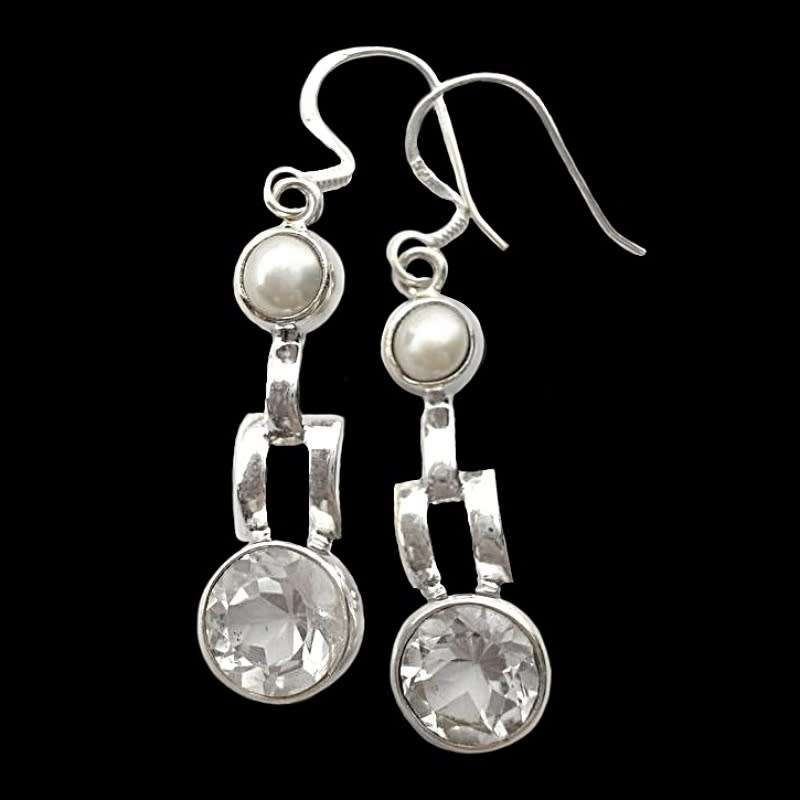 Natural White Topaz and White Pearl  set in Solid 925 Sterling Silver Earrings