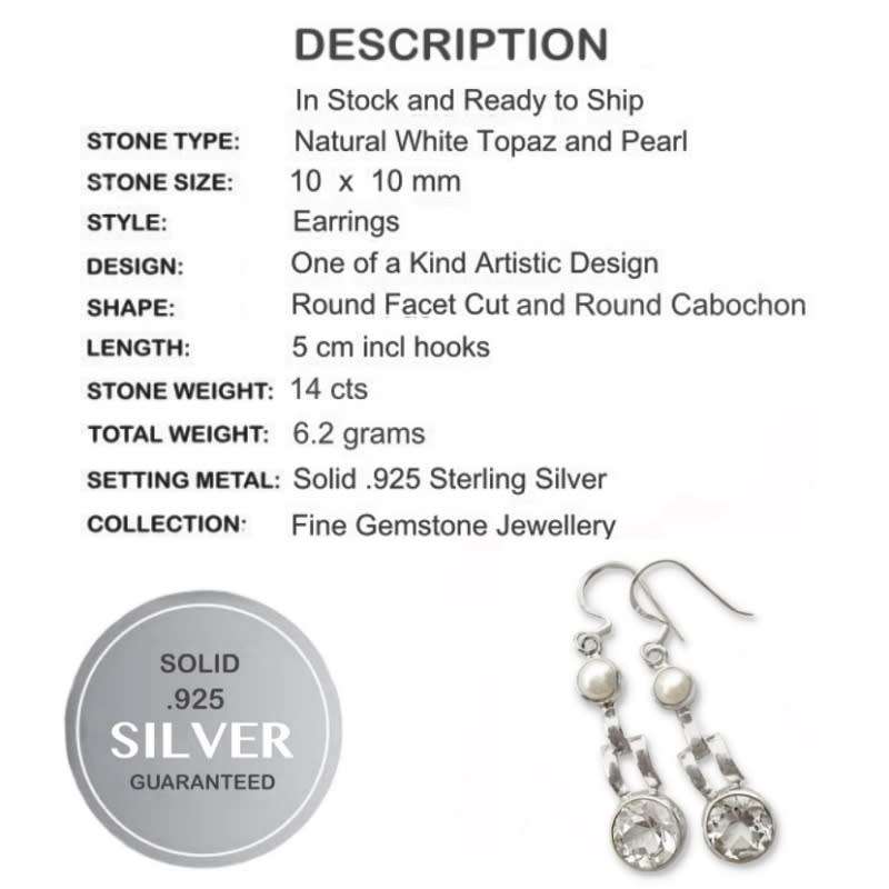 Natural White Topaz and White Pearl  set in Solid 925 Sterling Silver Earrings