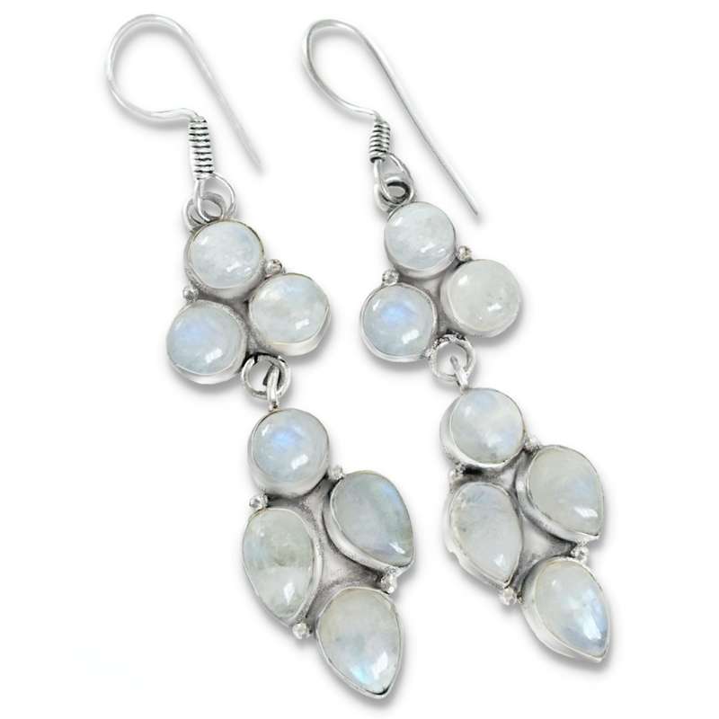 Gorgeous Natural Rainbow Moonstone Gemstone Long Dangle Silver Plated Handmade Earrings