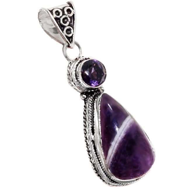 Natural Purple Banded Amethyst Gemstone set in .925 Sterling Silver Plated Antique Style Pendant