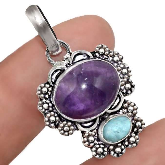 Natural Purple Amethyst and Caribbean Larimar Gemstone set in .925 Sterling Silver Plated Pendant