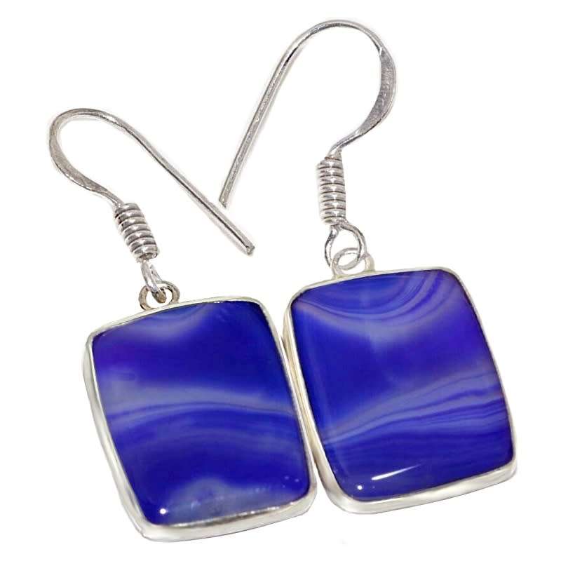 Natural Botswana Lace Agate Rectangle Gemstone .925 Sterling Silver Plated Handmade Earrings