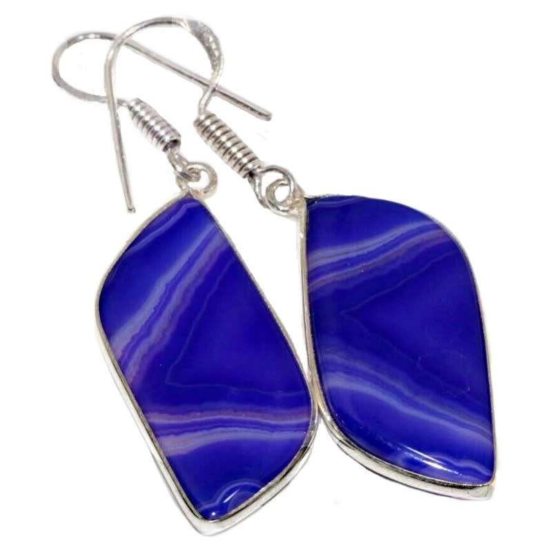 Natural Botswana Lace Agate Curvy Gemstone set in .925 Sterling Silver Plated Handmade Earrings