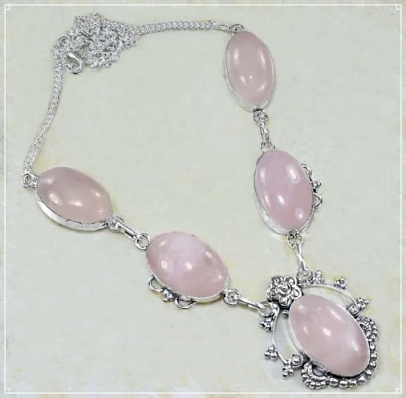 Natural Pink Rose Quartz set in in .925 Sterling Silver Plated  Handmade Antique Style Necklace