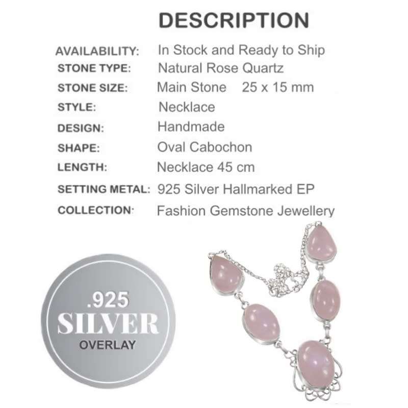 Natural Pink Rose Quartz Larger Gemstone set in .925 Sterling Silver Plated Necklace