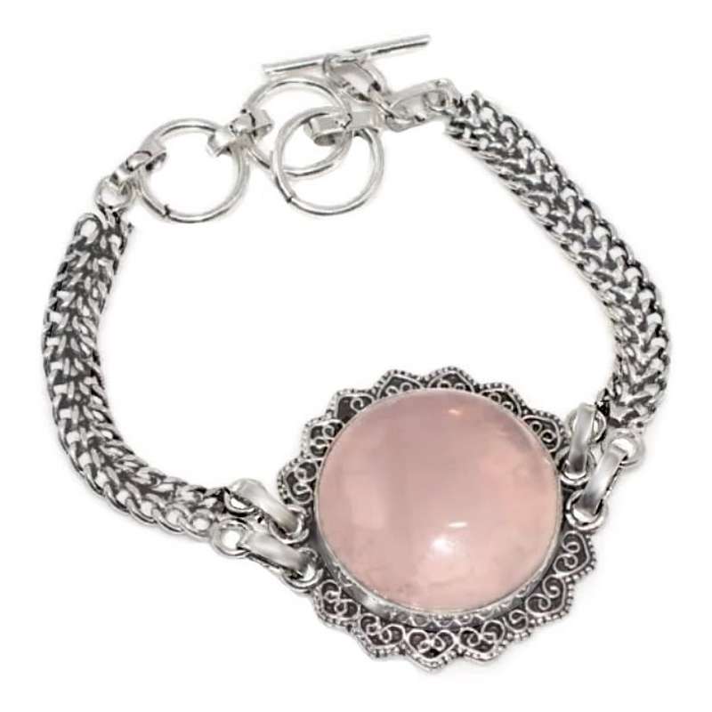 Natural Rose Quartz Round Gemstone set in .925 Sterling Silver Plated Handmade Bracelet