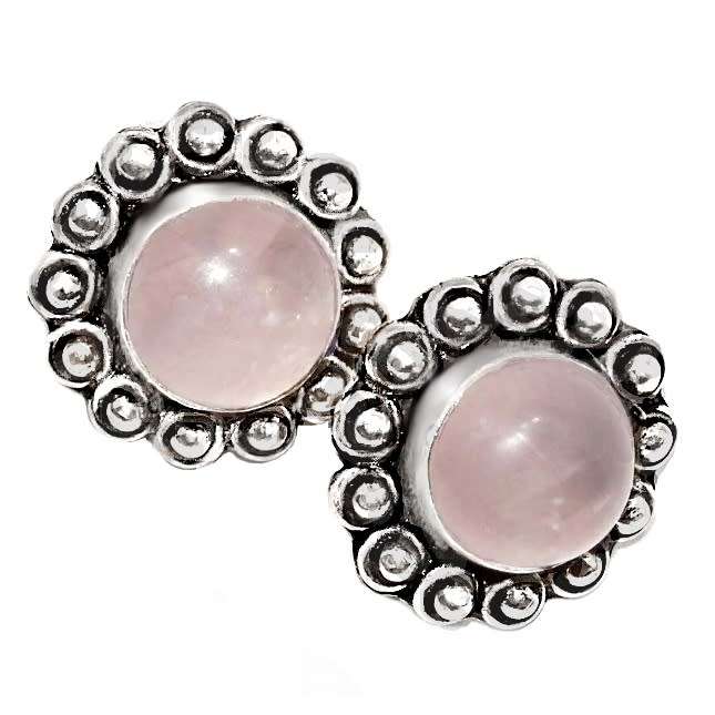 Natural Pink Rose Quartz Round Gemstone .925 Silver Plated Antique Style Stud Earrings
