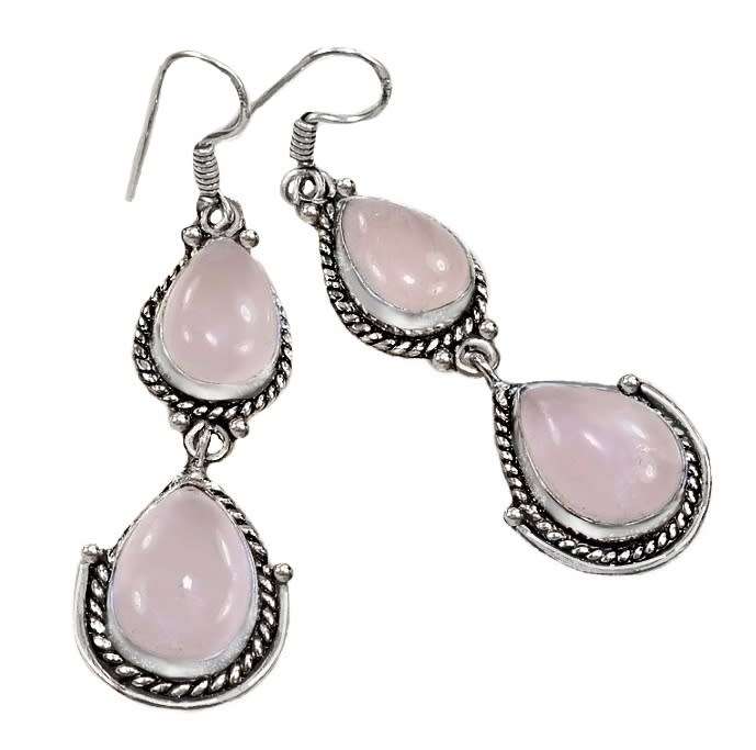 Natural Pink Rose Quartz Pear Gemstones .925 Sterling Silver Plated Drop Dangle Earrings
