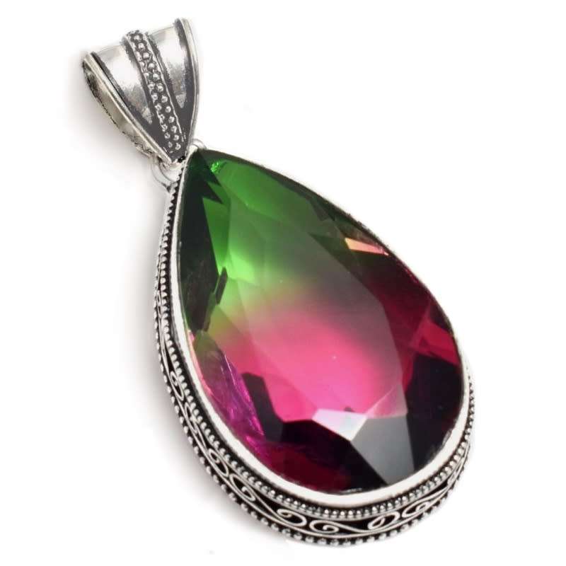 Bi-Colour Tourmaline Pear Shape set in .925 Sterling Silver Plated Antique Style Handmade Pendant