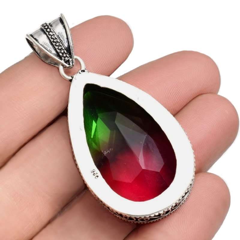 Bi-Colour Tourmaline Pear Shape set in .925 Sterling Silver Plated Antique Style Handmade Pendant