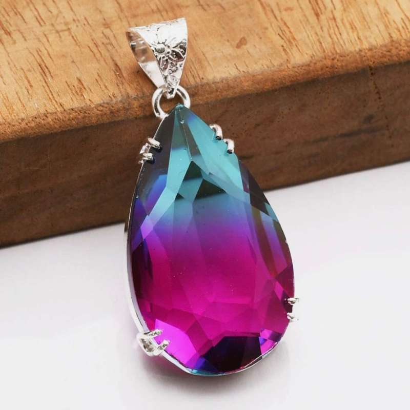 Bi -Colour Tourmaline Pear Shape set in .925 Sterling Silver Plated Handmade Elegant Pendant