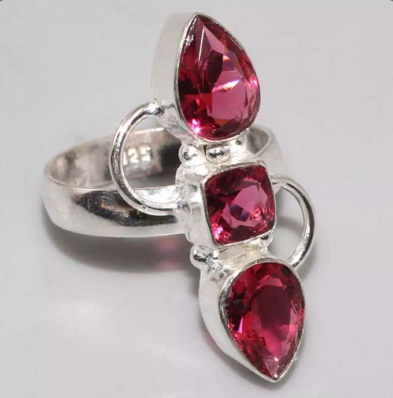 Pretty Ruby Pink Quartz, 925 Sterling Silver Plated Handmade Ring Size Us 8.5 / UK Q 1/2