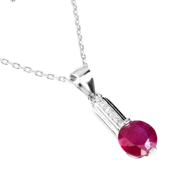 Dainty Natural Ruby & AAA White Cubic Zirconia  .925 Solid Sterling Silver  14K White Gold Necklace