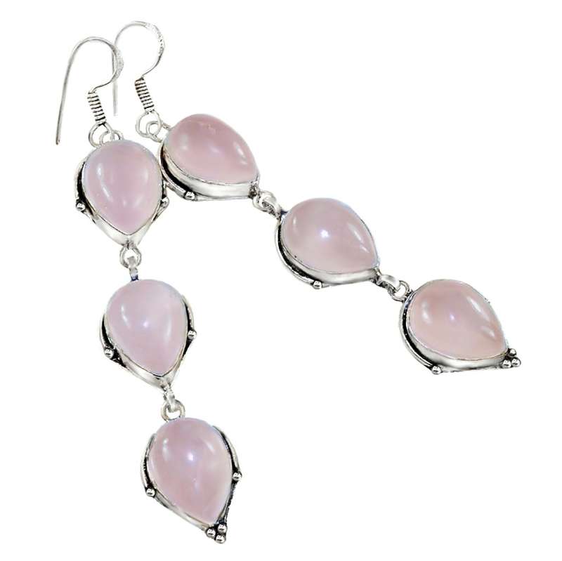 Natural Pink Rose Quartz Pear Shape Gemstone set in .925 Sterling Silver Plated Long Earrings