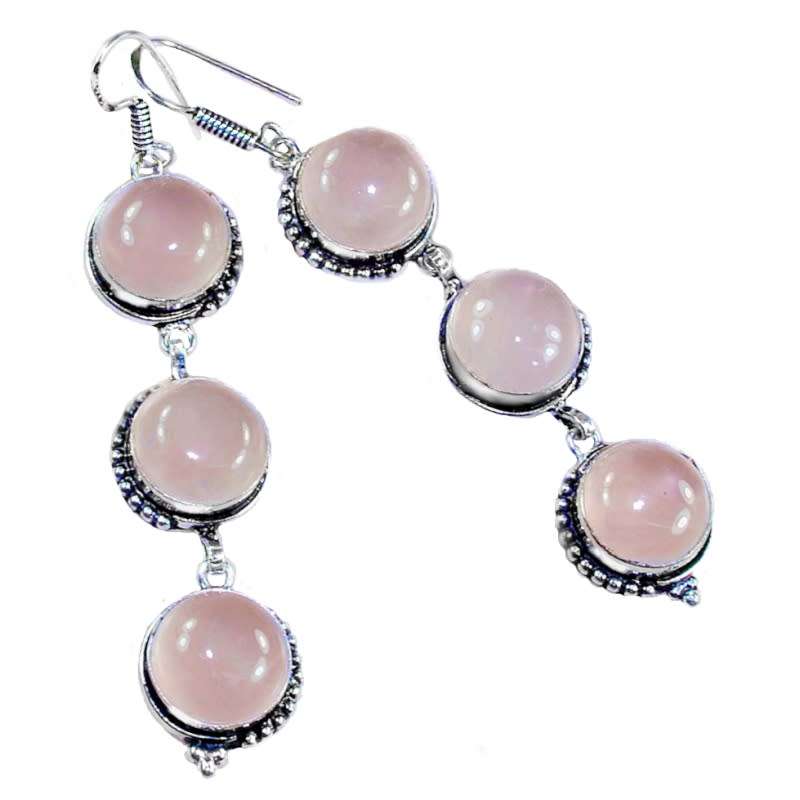 Natural Pink Rose Quartz Round Gemstones set in .925 Sterling Silver Drop Dangle Earrings