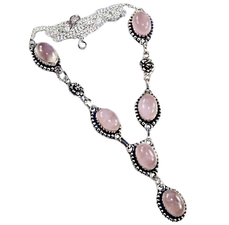 Natural Rose Quartz set in .925 Sterling Silver Plated Handmade Antique Style Rose Accent Necklace