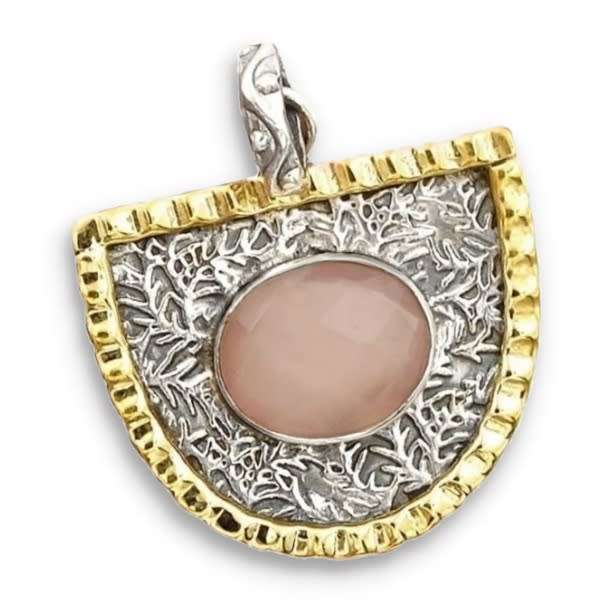 Two Tone Natural Rose Quartz Gemstone set in Solid.925 Sterling Silver Pendant