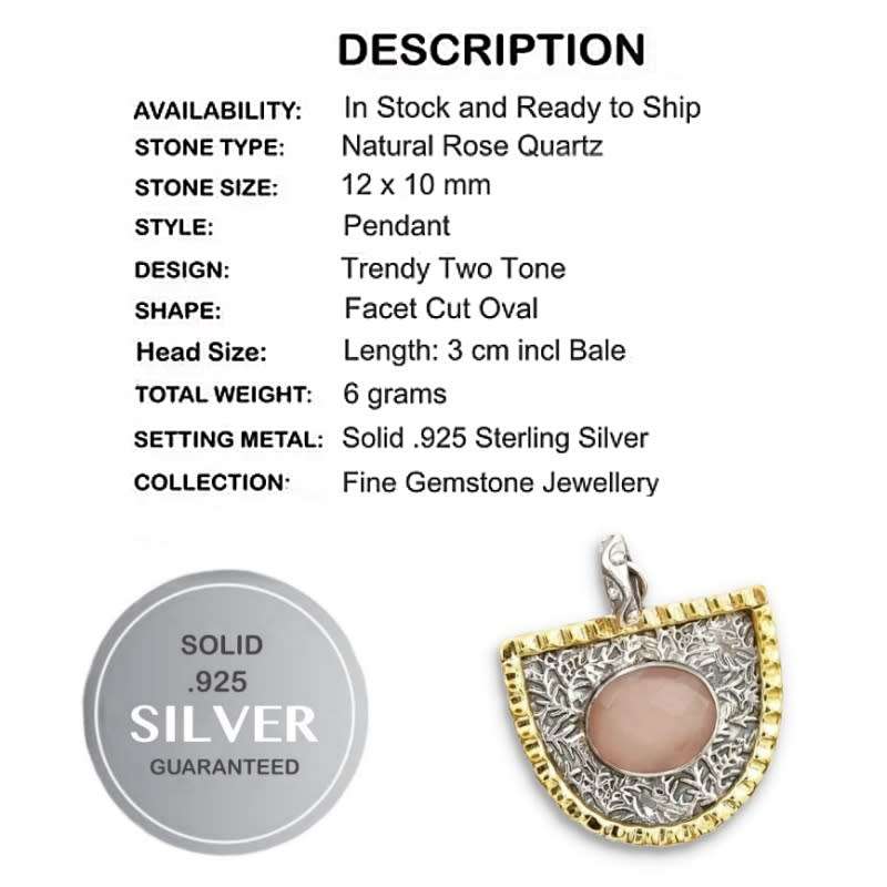 Two Tone Natural Rose Quartz Gemstone set in Solid.925 Sterling Silver Pendant