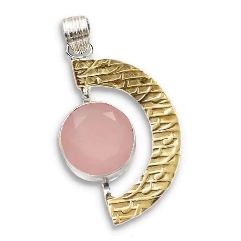Two Tone Natural Rose Quartz Gemstone set in Solid. 925 Sterling Silver Pendant
