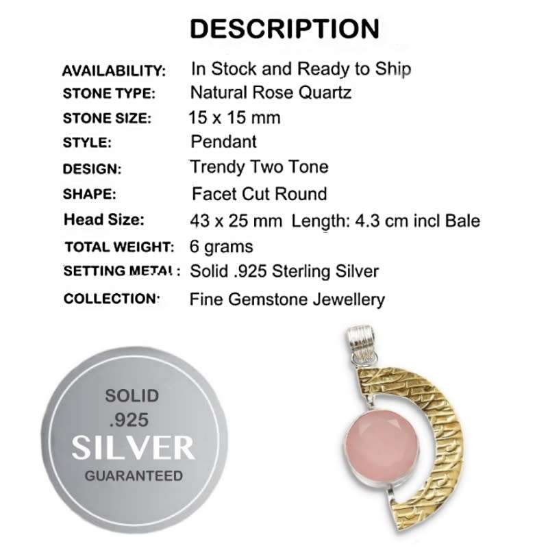 Two Tone Natural Rose Quartz Gemstone set in Solid. 925 Sterling Silver Pendant