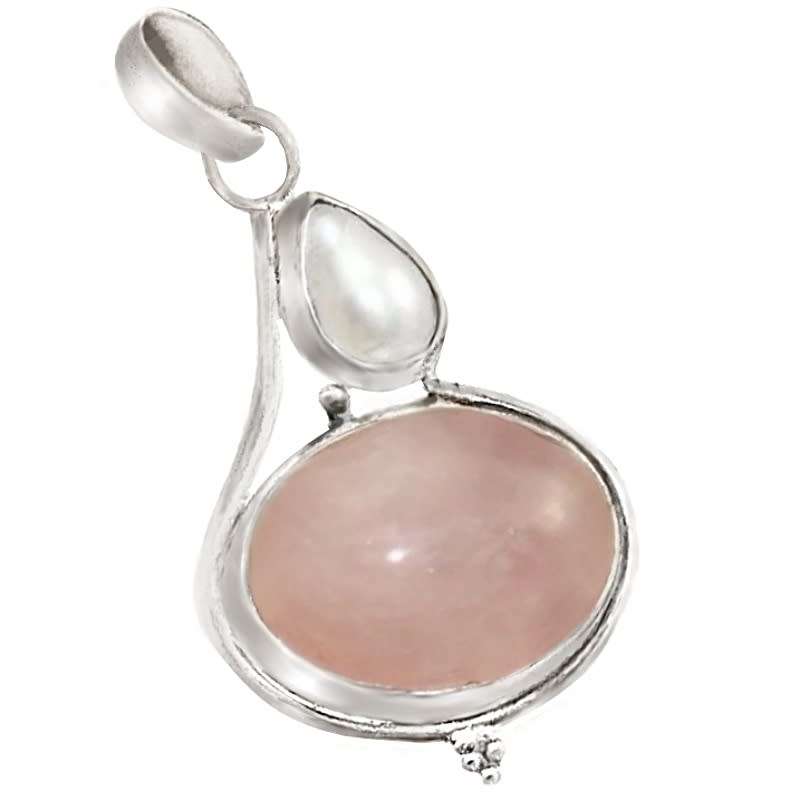 Natural Rose Quartz, and White Pearl set in Solid .925 Sterling Silver Dainty Pendant