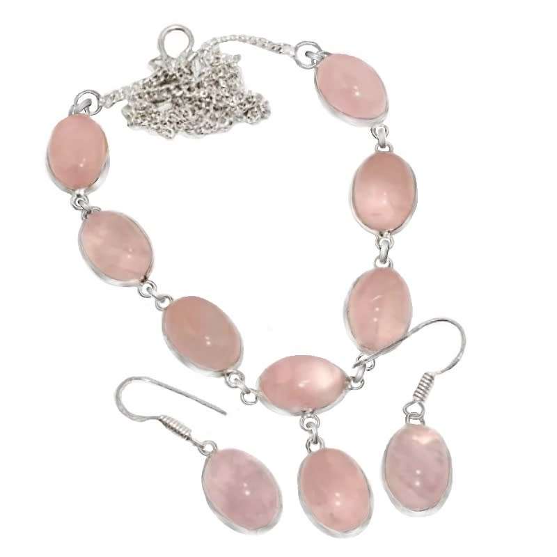 Natural Rose Quartz Ovals set in .925 Sterling Silver Plated Handmade Necklace & Earrings Set