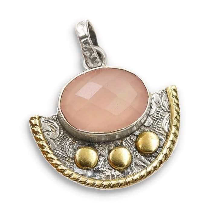 Two Tone Natural Rose Quartz Gemstone set in Solid. 925 Sterling Silver Pendant