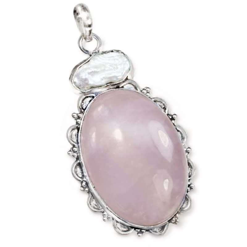 Natural Rose Quartz and Biwa Pearl Gemstone .925 Sterling Silver Plated Handmade Pendant