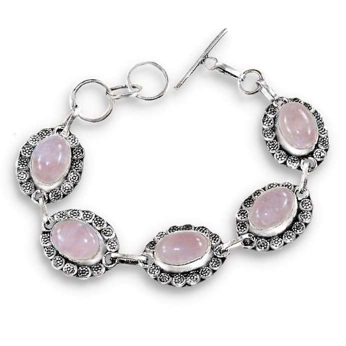Natural Rose Quartz Oval Gemstones set in.925 Sterling Silver Plated Handmade Antique Style Bracelet