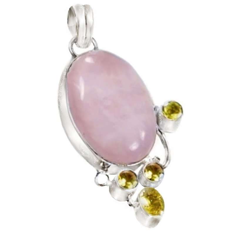 Natural Pink Rose Quartz Oval, Citrine Gemstone .925 Sterling Silver Plated Handmade Pendant