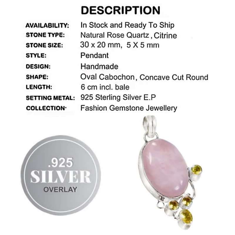Natural Pink Rose Quartz Oval, Citrine Gemstone .925 Sterling Silver Plated Handmade Pendant