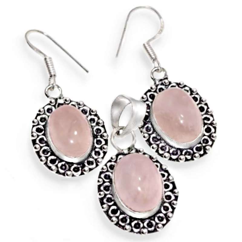 Natural Pink Rose Quartz Oval .925 Sterling Silver Plated Pendant and Earrings Set