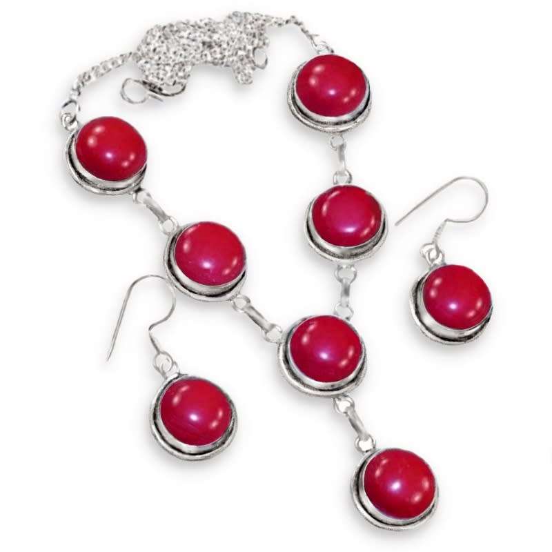 Vibrant Red Coral Round Shapes set in 925 Sterling Silver Plated Necklace and Earrings Set