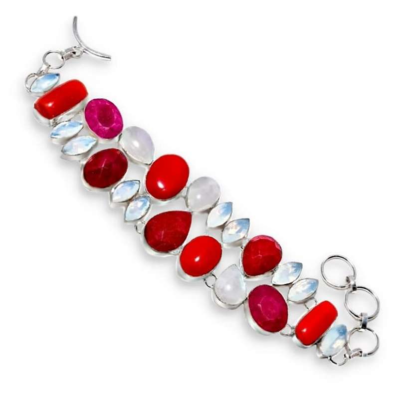 Natural Moonstone Cherry Ruby, Red Coral,Opalite Gemstone set in .925 Sterling Silve Plated Bracelet