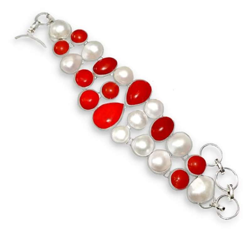 Handmade Bright Red Coral, White Pearl Gemstone set in .925 Sterling Silver One of a Kind Bracelet