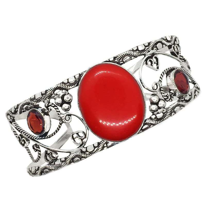 Handmade Red Coral, Garnet Gemstone .925 Sterling Silver  Plated Ornate Adjustable Cuff Bangle