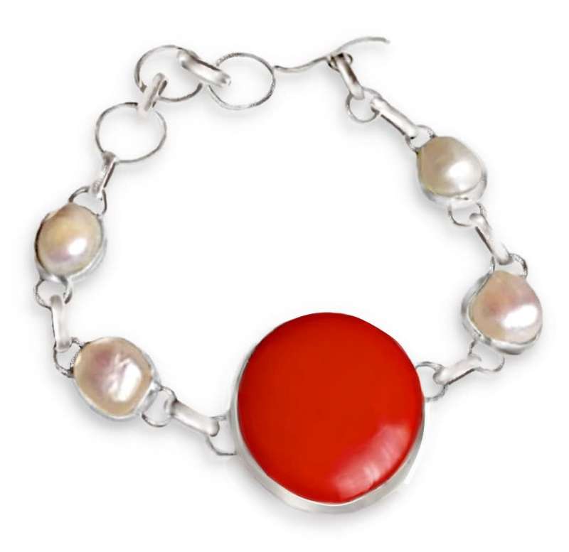White River Peal and Round Red Coral set in  .925 Sterling Silver Plated Handmade Bracelet