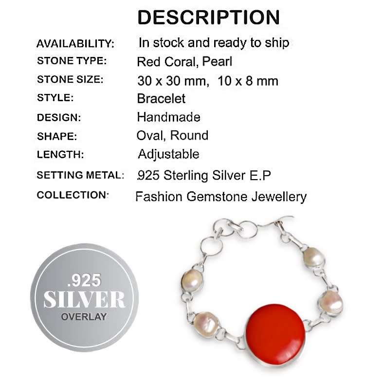 White River Peal and Round Red Coral set in  .925 Sterling Silver Plated Handmade Bracelet