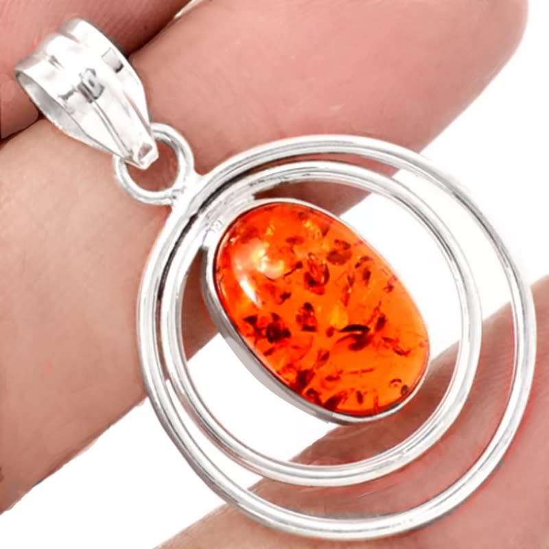 Handmade Modern Baltic Amber Oval set in Solid .925 Sterling Silver Pendant