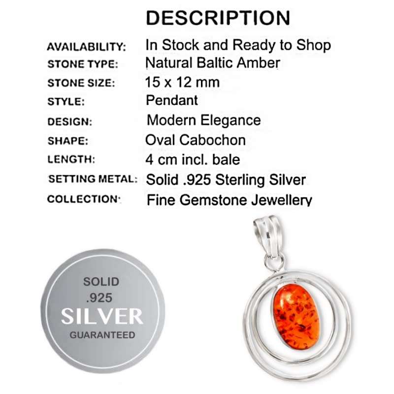 Handmade Modern Baltic Amber Oval set in Solid .925 Sterling Silver Pendant