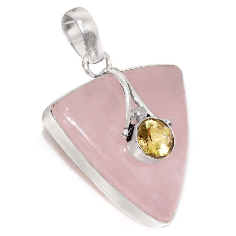 Natural Pink Rose Quartz , Citrine Mixed Shape Gemstone .925 Sterling Silver Plated Handmade Pendant