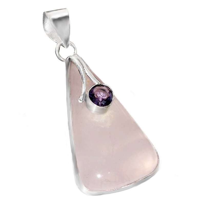 Natural Pink Rose Quartz , Purple Amethyst Mixed Shape Gemstones .925 Sterling Silver Plated Pendant