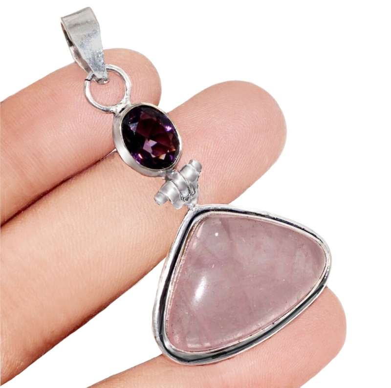 Natural Rose Quartz , Purple Amethyst Mixed Shape Gemstones .925 Sterling Silver Plated Pendant