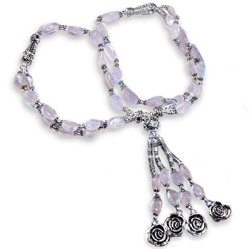 Natural Rose Quartz Oval Gemstone Beads Rose Charms in.925 Sterling Silver Plated Waterfall Necklace