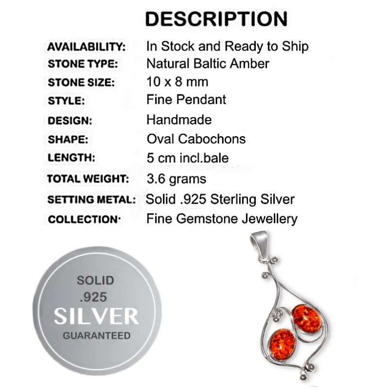 Handmade Genuine Baltic Amber Set In Solid .925 Sterling Silver Pendant