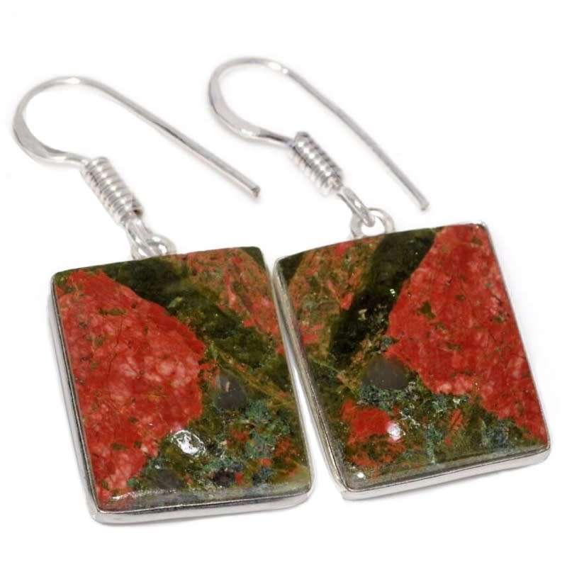 Natural Unakite Rectangle Gemstones Set in .925 Sterling Silver Plated Handmade Earrings